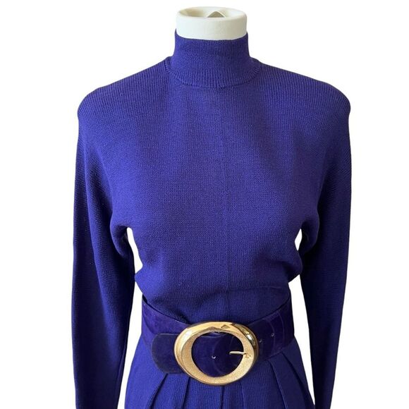 ST JOHN VTG 80S DRESS SANTANA KNIT TULIP PLEATED FRONT BELTED MOCK NECK PURPLE 4 - Picture 3 of 13